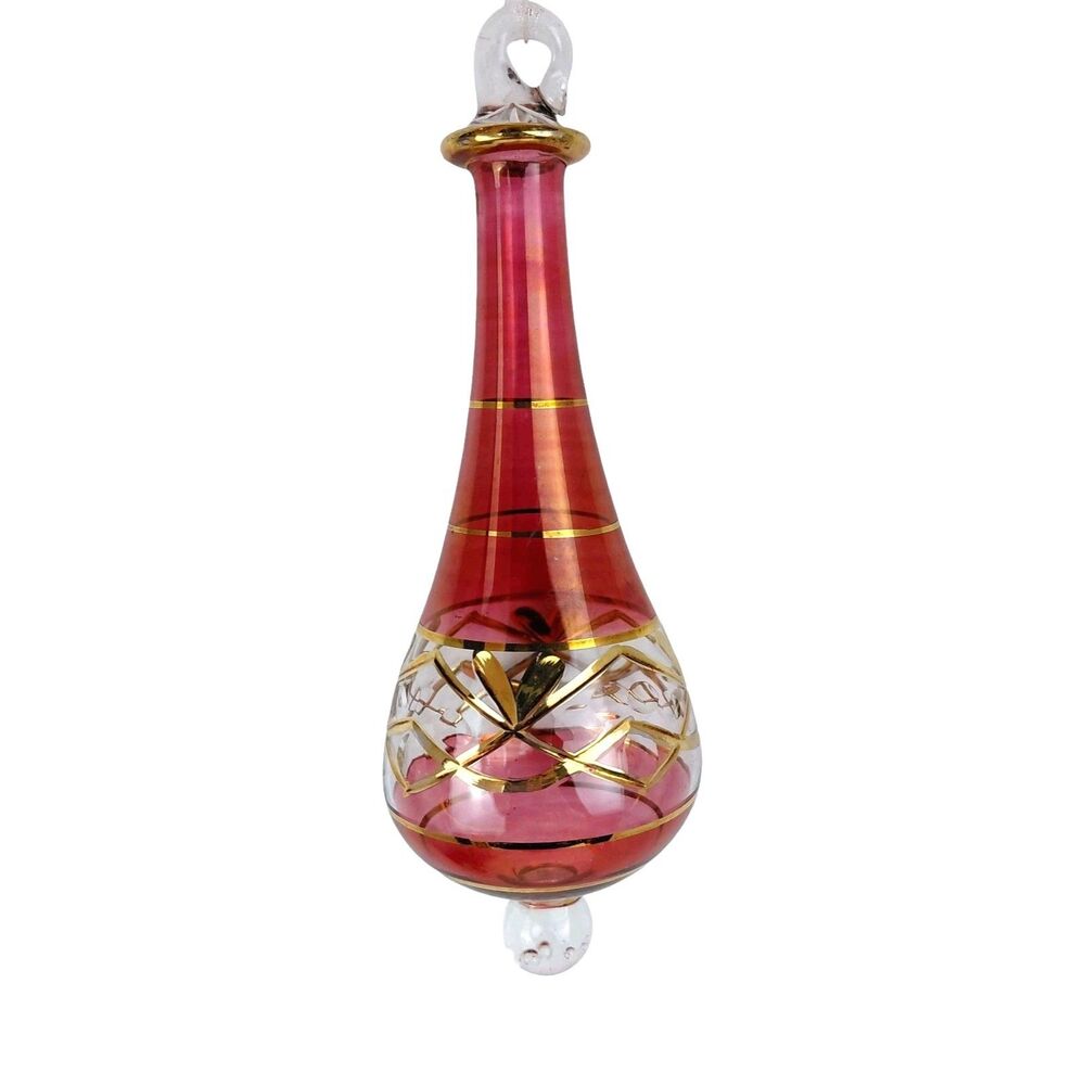 Vintage Blown Glass Cranberry & Gold Christmas Ornament Controlled Bubbles